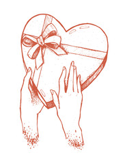 The female hands holding the chocolate box in a form of heart. Beautiful romantic illustration with a gift for valentine's day. Box with sweets with a bow. Hand drawn, handmade. Ink vintage art.