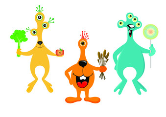 Funny cute cartoon monsters on a white background. monsters with food in their hands