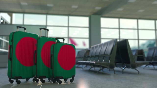 Travel suitcases featuring flag of Bangladesh. Bangladeshi tourism conceptual animation