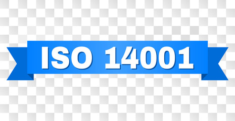 ISO 14001 text on a ribbon. Designed with white title and blue stripe. Vector banner with ISO 14001 tag on a transparent background.