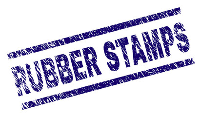 RUBBER STAMPS seal print with scratced style. Blue vector rubber print of RUBBER STAMPS tag with grunge texture. Text caption is placed between parallel lines.