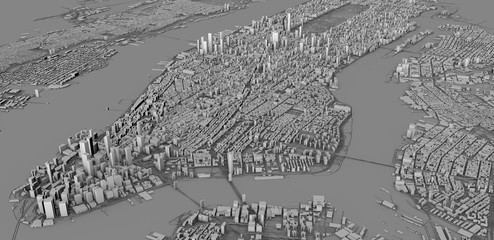 Vista satellitare delle città di New York City, mappa della città, edifici in 3d, 3d rendering. Strade e grattacieli di Manhattan
