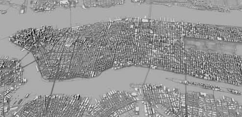 Vista satellitare delle città di New York City, mappa della città, edifici in 3d, 3d rendering. Strade e grattacieli di Manhattan © Naeblys