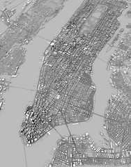 Vista satellitare delle città di New York City, mappa della città, edifici in 3d, 3d rendering. Strade e grattacieli di Manhattan © Naeblys