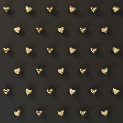 Arrangement of golden hearts on a black background. 3D illustration.