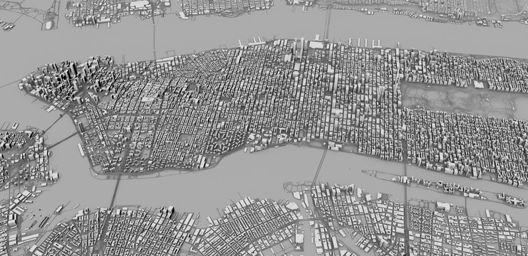 Vista satellitare delle citt&agrave; di New York City, mappa della citt&agrave;, edifici in 3d, 3d rendering. Strade e grattacieli di Manhattan