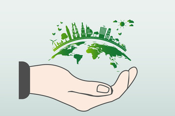 The world in your hands ecology concept.Green cities help the world with eco-friendly concept idea.with globe and tree background.vector illustration
