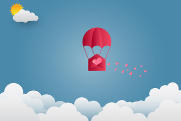valentine's Day Balloon letter floating in the sky and beautiful mountains cloud.paper art.vector illustration