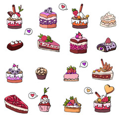Cakes, cakes, baskets, desserts, sweets, souffles, klabnika and shokalad, muffins on a white background