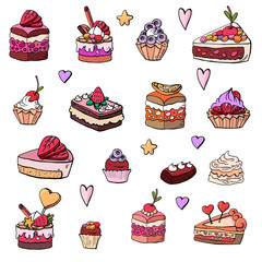 Cakes, cakes, baskets, desserts, sweets, souffles, shokalad, muffins on a white background