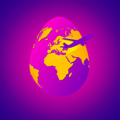 Easter egg with yellow world map. Planet Earth in form of egg on bright purple background with flying air plane. Conceptual illustration of Easter celebration and travel.