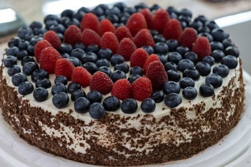 Raspberry and blueberry mascarpone torte cake. Slovakia