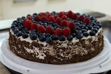 Raspberry and blueberry mascarpone torte cake. Slovakia