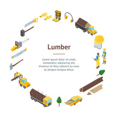 Lumberman Woodcutter Signs 3d Banner Card Circle Isometric View. Vector