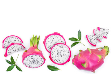 Dragon fruit, Pitaya or Pitahaya isolated on white background with copy space for your text. Top view. Flat lay