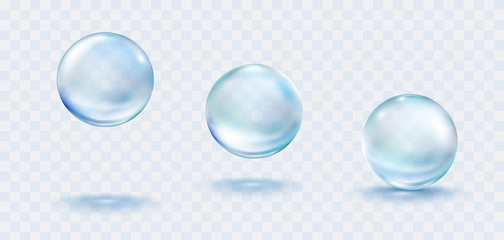 Collagen droplets set isolated on transparent background. Realistic vector clear dews, blue pure drops, water bubbles or glass balls template. - obrazy, fototapety, plakaty