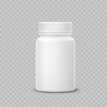 Bottle mockup isolated on transparent background. White medicine plastic package for pills, vitamins or capsules. Vector empty  jar, container mock up.