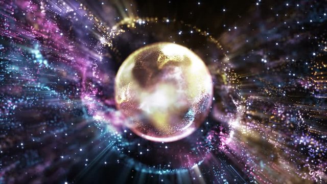 4K Abstract motion background shining particles stars magic dust and light waves flow in space forming circle or sphere form with light rays and projections seamless loop