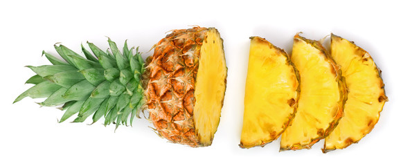 Sliced pineapple isolated on white background. Top view. Flat lay