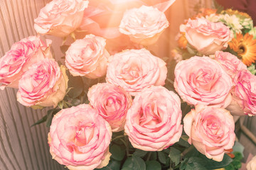 A bouquet of beautiful delicate pink roses in the sunlight