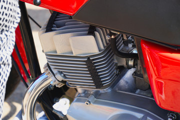 View of the chrome engine block at the old classic motorcycle