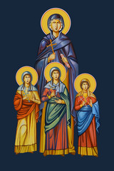 The faith, the hope, the love and their mother Sophia. Vera, Nadia, Luba and Sophia. Illustration - fresco in Byzantine style.