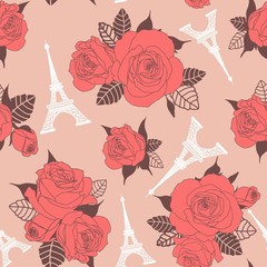 Fototapeta na wymiar Vector seamless pattern. Roses and Eiffel tower. Design for wallpaper,fabric, textile, wrapping