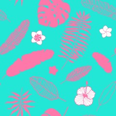 Seamless vector pattern. Background of tropical plants and flowers