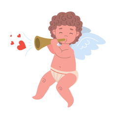 Funny little cupid character playing music of love on a pipe.  Flat isolated  illustration