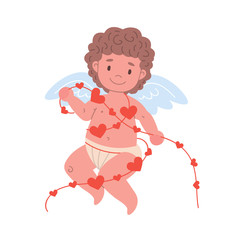 Funny little cupid character holding the garland with hearts.  Flat isolated illustration