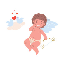 Naughty cupid character holding bow  and doves falling in love.   Flat isolated illustration