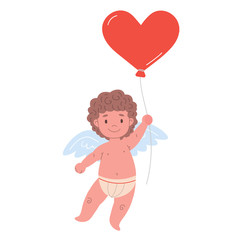 Happy  cupid character holding balloon in shape of heart . Flat isolated illustration