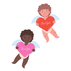 Little cupids  flying holding big hearts with text For You. Flat isolated vector  illustration with african and european characters