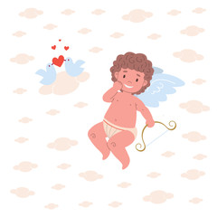 Funny little naughty cupid character holding bow and admires his work: birds falling in love.   Flat card illustration design for Valentine's day anfd holidays