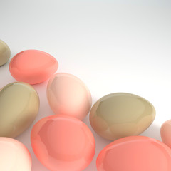 Pastel pink and green glossy easter eggs on white background. 3d render, digitally generated template. Happy Easter big hunt or sale banner