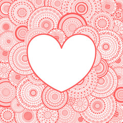 Vector frame in heart shape on mandalas background. Pink invitation card for Valentines day