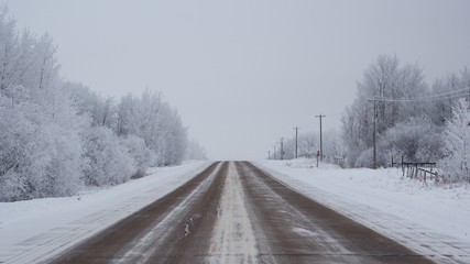 Fototapeta na wymiar Snowy country road leading into the horizon