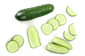 Cucumber slices isolated on white background. Top view. Flat lay pattern. Set or collection