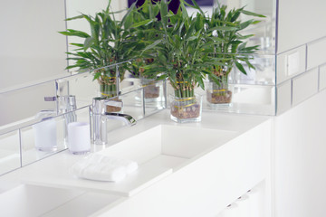 Bathroom interior sink with modern design. Interior of bathroom with washbasin and faucet