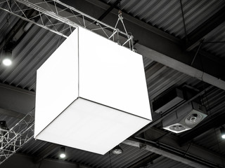 Mock up. Indoor advertising at the fair, event, Public information board hanging of empty white...