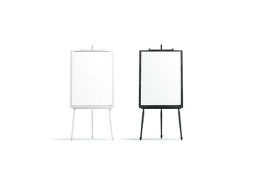 Blank black and white painting canvas stand mockup set, isolated, 3d rendering. Empty artwork display in frame mock up, front view. Clear wood board with placard template.