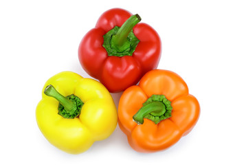 yellow orange and red sweet bell pepper isolated on white background. Top view. Flat lay