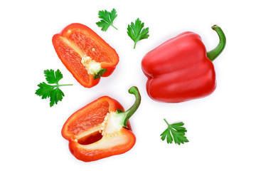 red sweet bell pepper isolated on white background. Top view. Flat lay