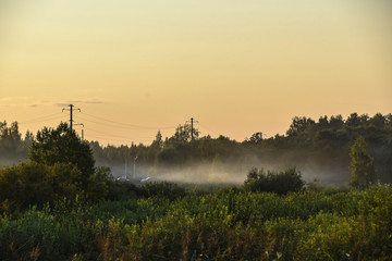 landscape sunset sun evening haze forest nature field panorama 