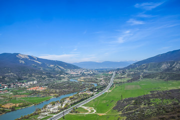 panoramic view from above on the separation of the confluence of the river