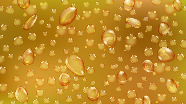 Background of water drops and bubbles of different shapes in yellow colors