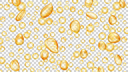 Translucent water drops and bubbles of different shapes in yellow colors on transparent background. Transparency only in vector format