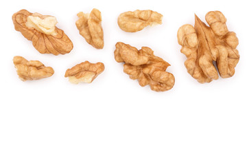 peelled Walnuts isolated on white background with copy space for your text. Top view. Flat lay