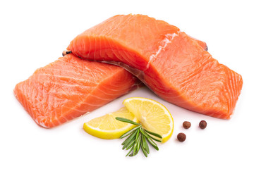 fillet of red fish salmon with lemon and rosemary isolated on white background