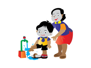 a mother teaches children to wash their feet